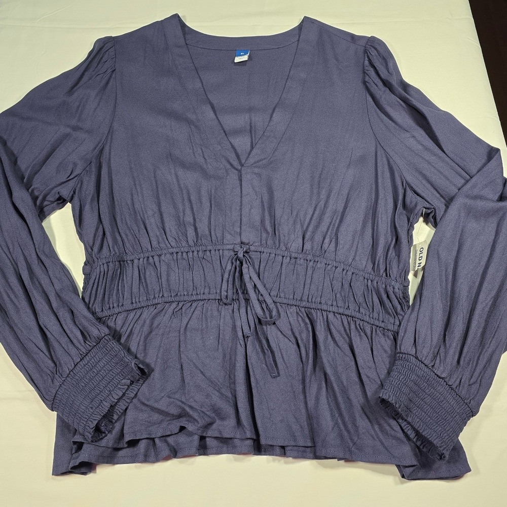 Old Navy‎ Womens XL nwt Navy Blue Smocked Waist Peplum Top Long Sleeve V-Neck